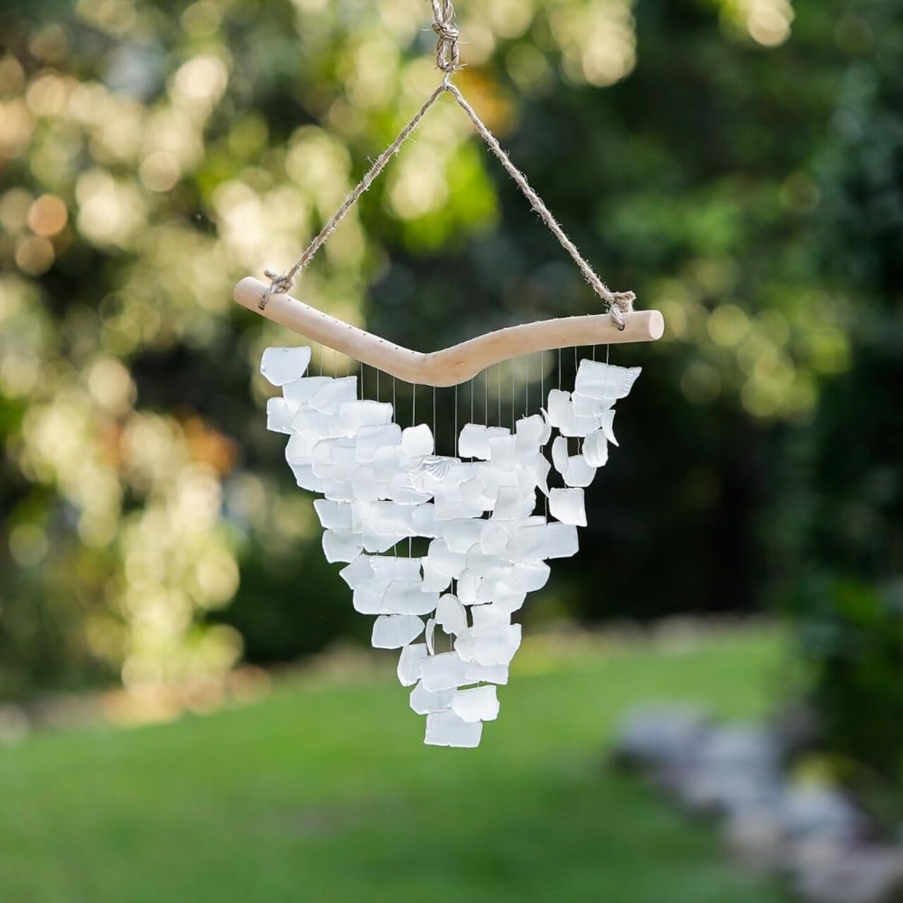 White - Handmade Raindrop Butterfly Recycled Glass Hanging Mobile Wind Chime Suncatcher Beach Decor